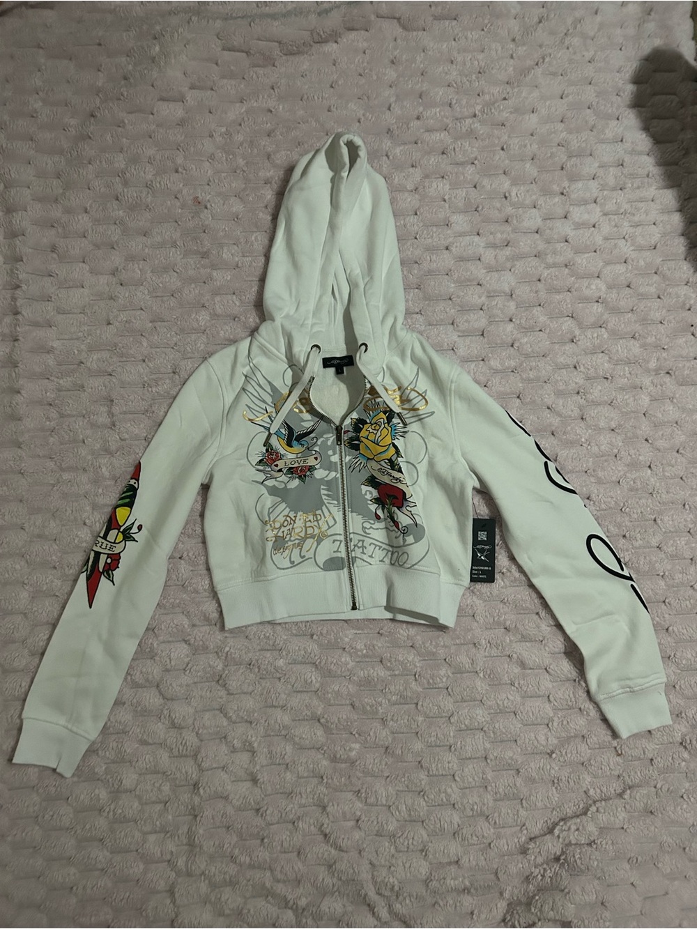 Ed Hardy White Cropped Zip Hoodie with Tattoo-Inspired Graphics